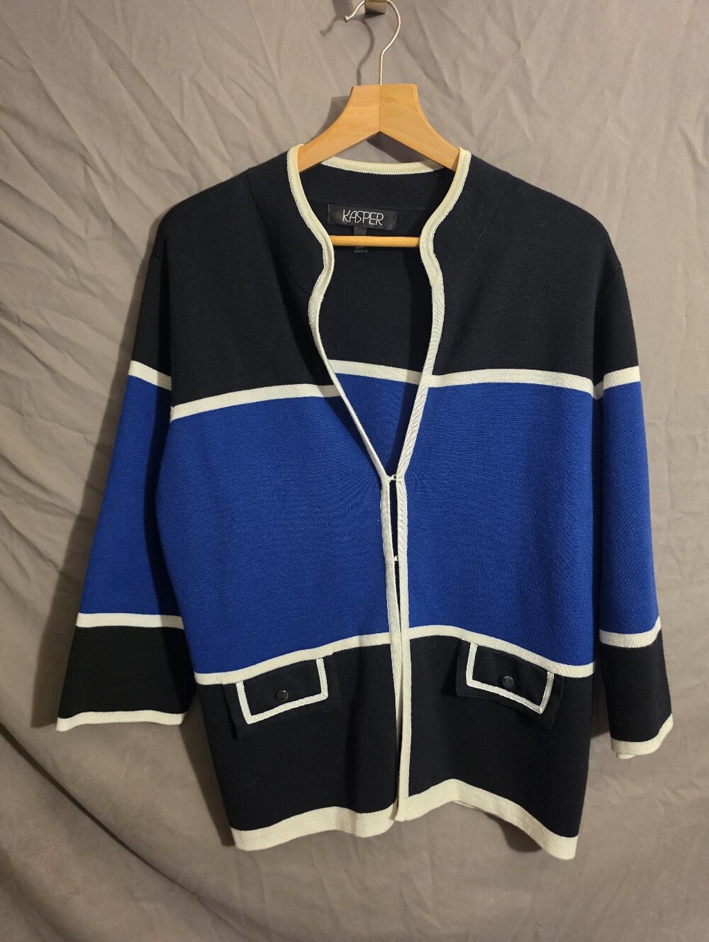 Vintage Kasper XL open-front knit cardigan with black, royal blue panels